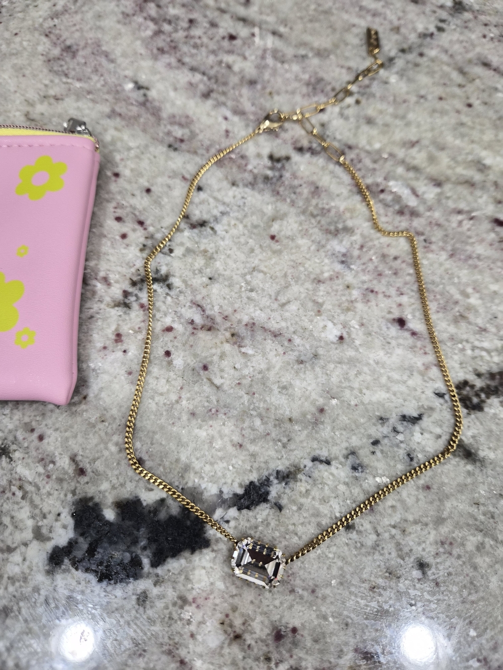 TOVA Gold Chain Necklace with Rectangular Clear Stone - Women Accessories